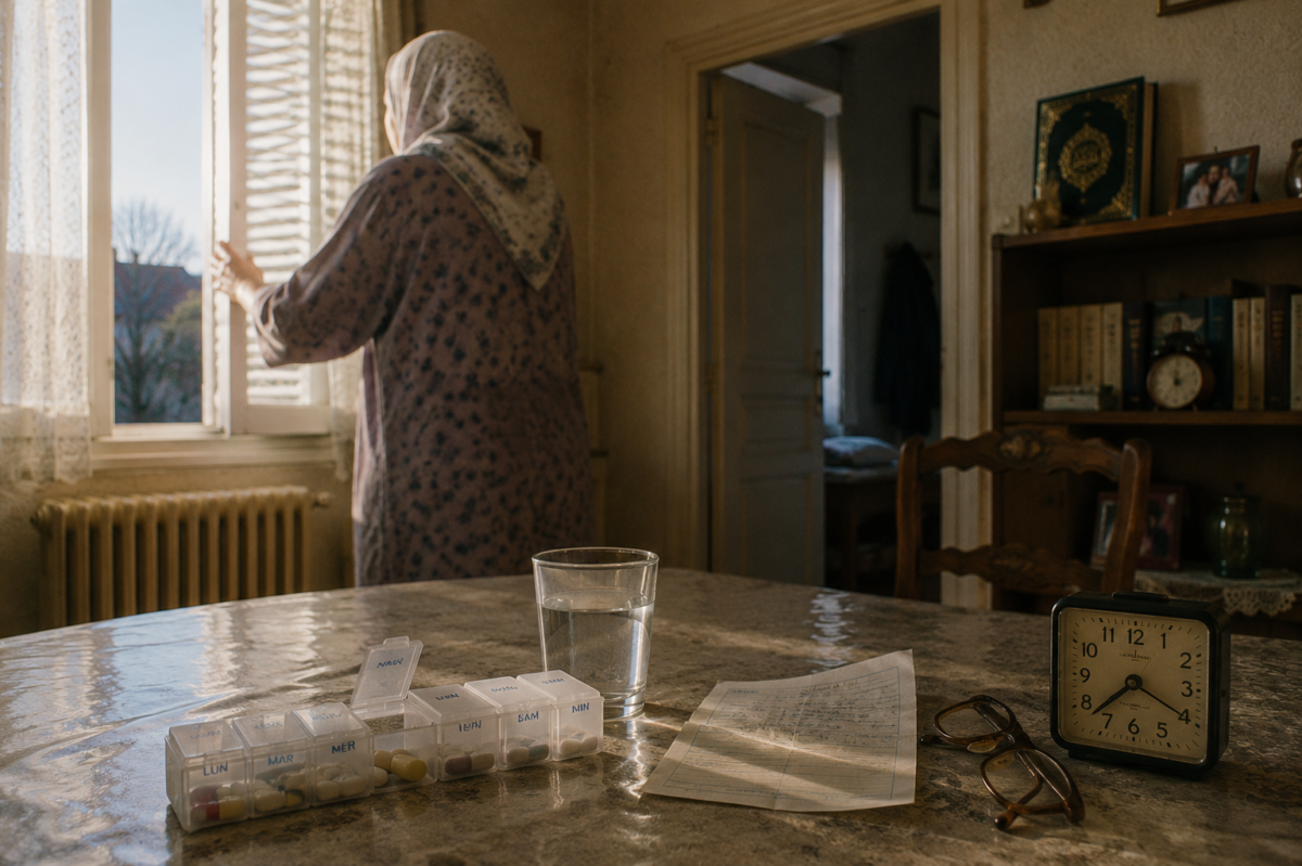 Un pilulier et un verre d’eau restent sur une table tandis qu’une femme ouvre les volets au petit matin.