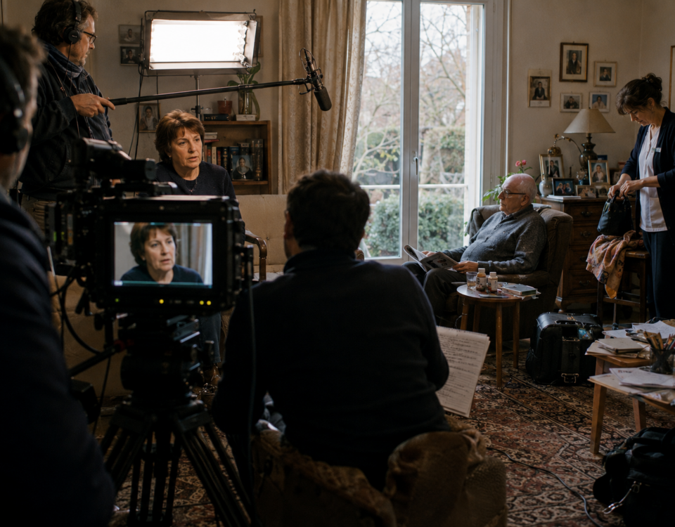 Une équipe de télévision filme une femme tandis que la photographie révèle une partie de la scène située hors du cadre de la caméra.