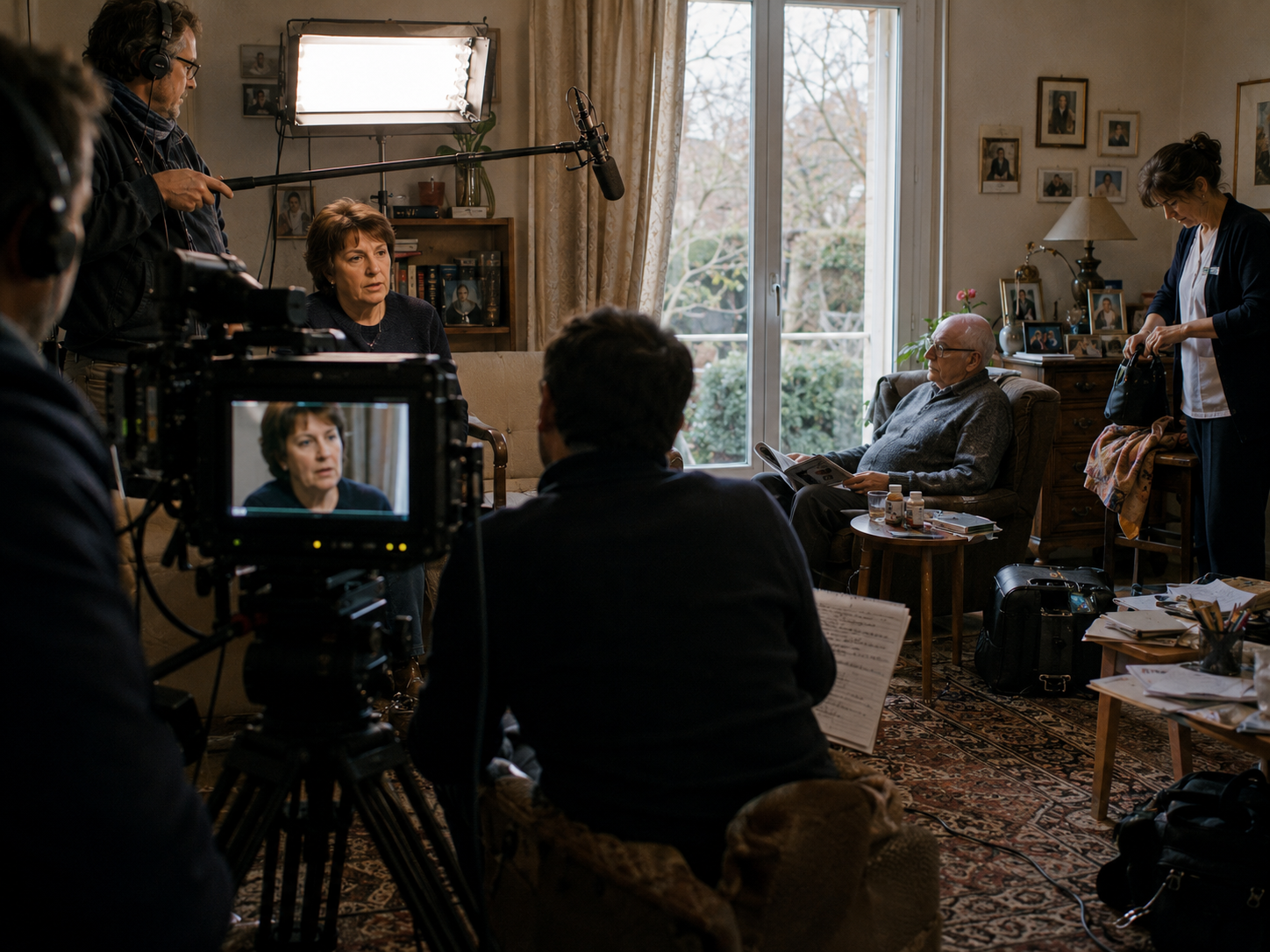 Une équipe de télévision filme une femme tandis que la photographie révèle une partie de la scène située hors du cadre de la caméra.