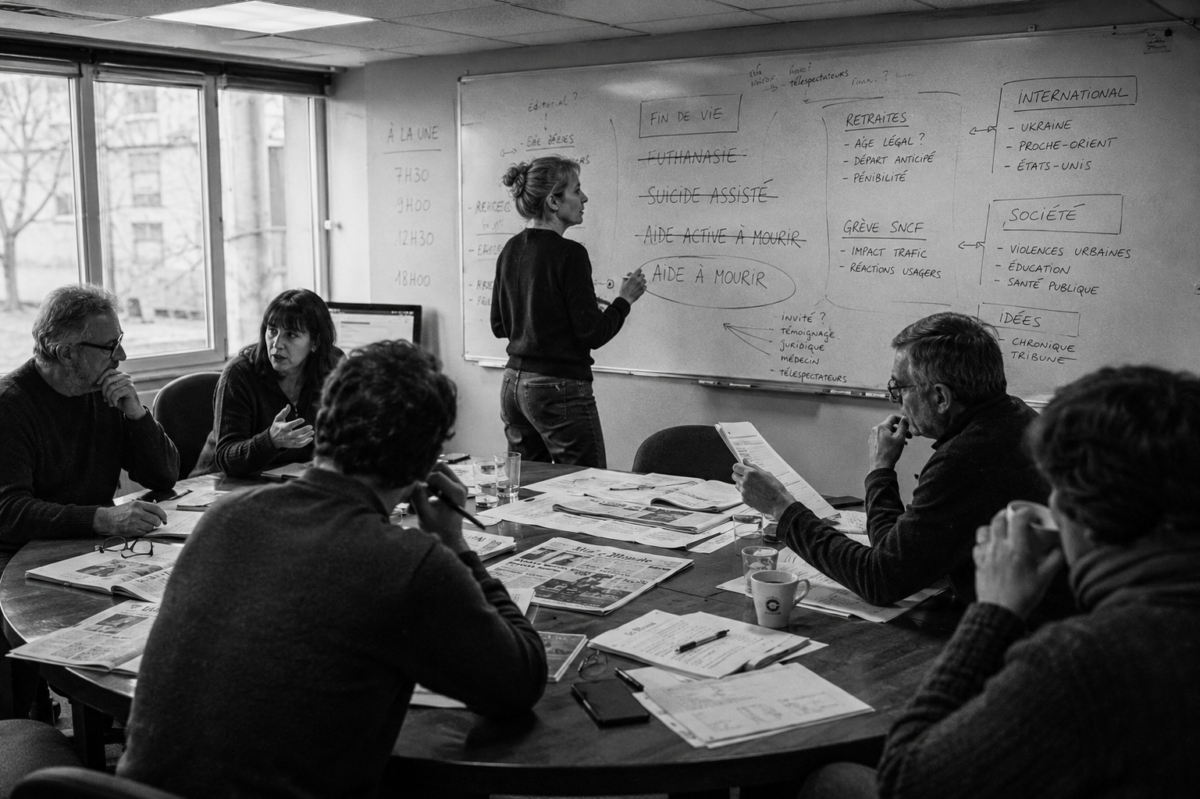 Des journalistes discutent autour d’une table tandis que plusieurs expressions relatives à la fin de vie sont inscrites sur un tableau.