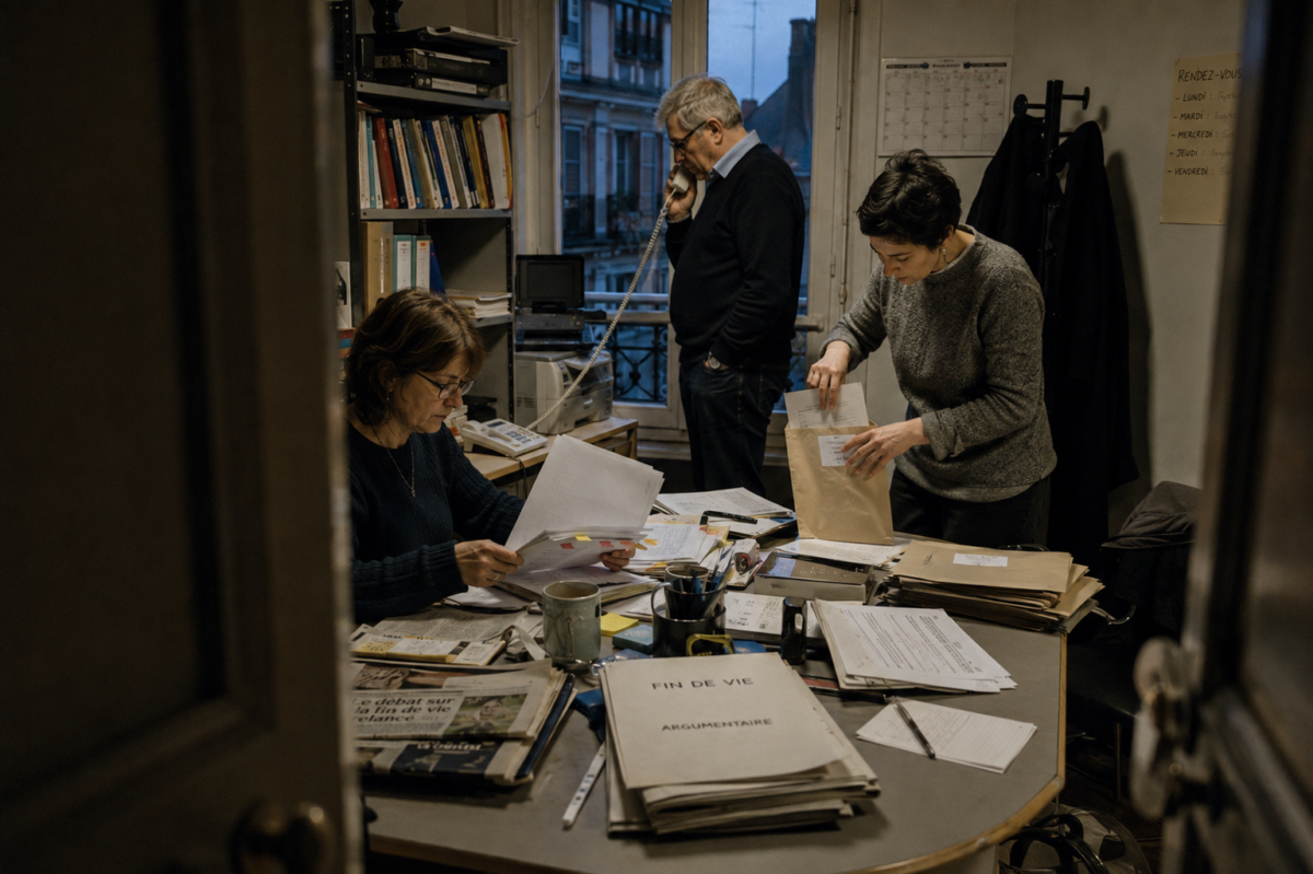 Trois personnes préparent des dossiers et un argumentaire sur la fin de vie dans le bureau d’une association.