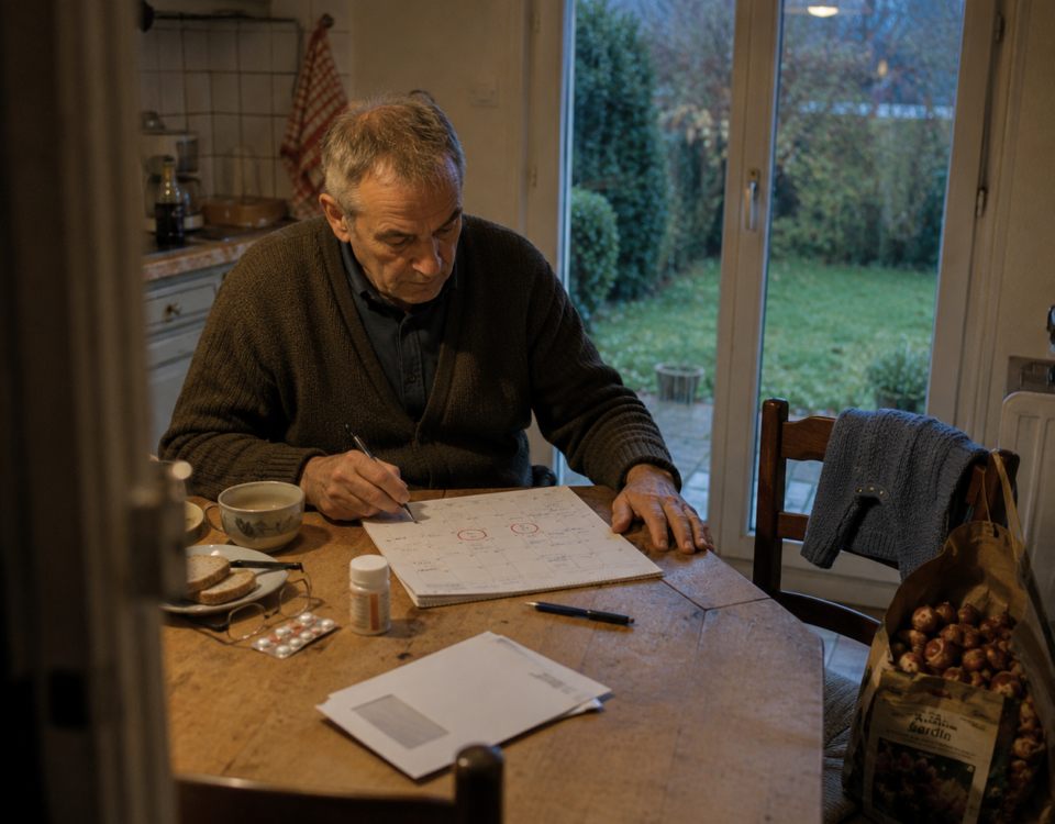 Un homme âgé réfléchit devant un calendrier où deux dates proches ont été entourées au stylo.
