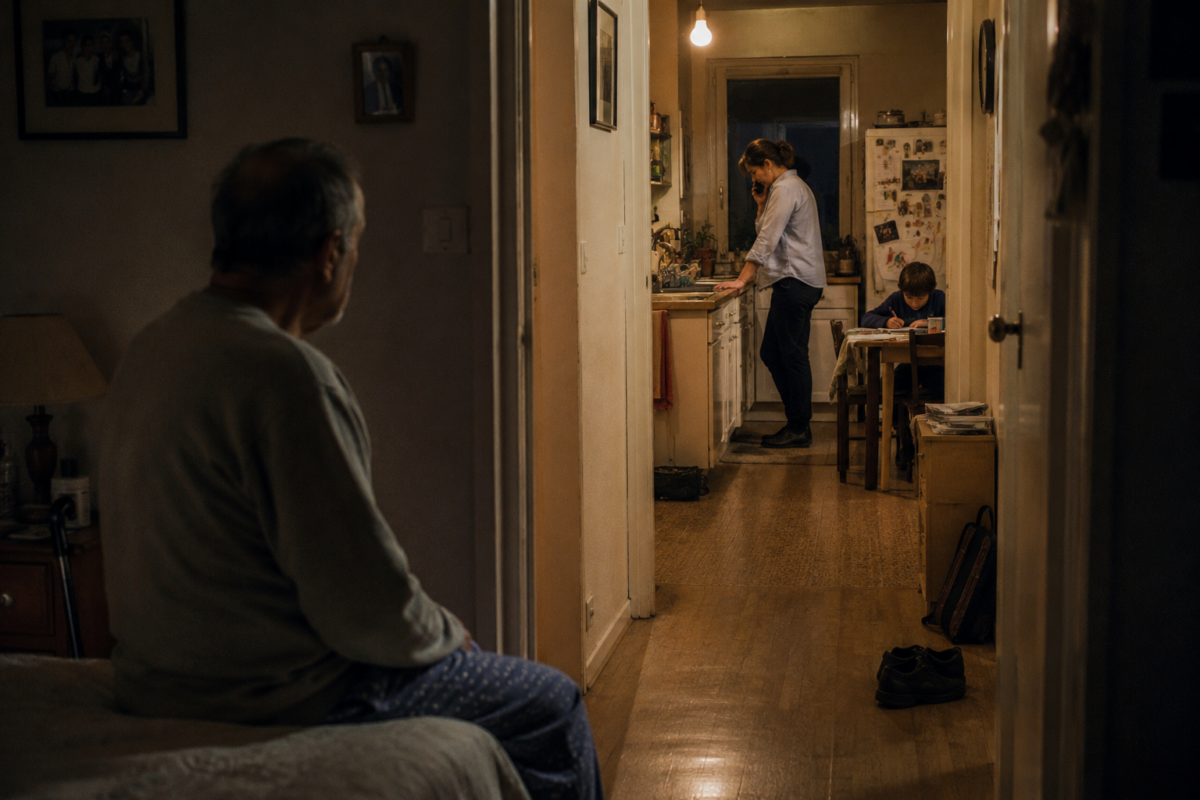 Depuis sa chambre, un homme malade observe sa fille fatiguée accomplir les tâches du soir après sa journée de travail.