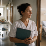 Infirmière pensive devant la chambre d’un patient dans un service hospitalier.