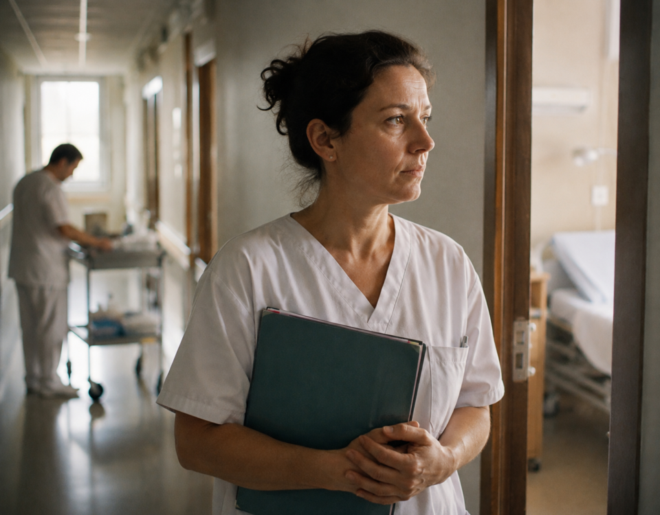 Infirmière pensive devant la chambre d’un patient dans un service hospitalier.