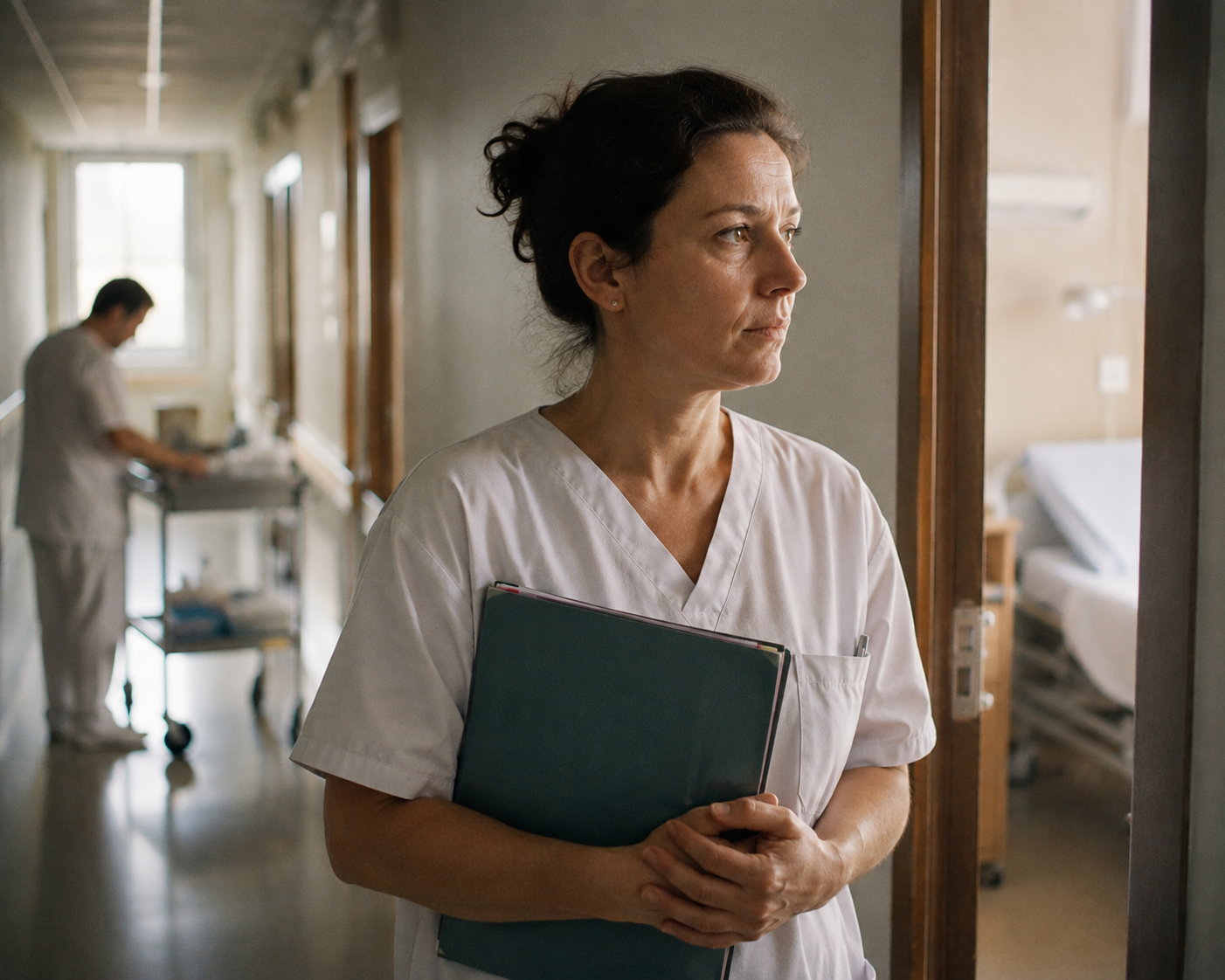 Infirmière pensive devant la chambre d’un patient dans un service hospitalier.