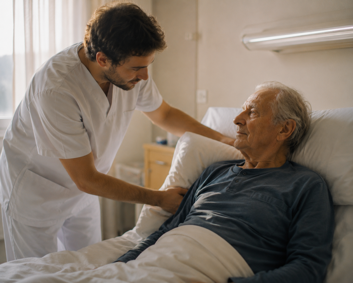 Aide-soignant accompagnant avec attention un patient âgé assis au bord de son lit.