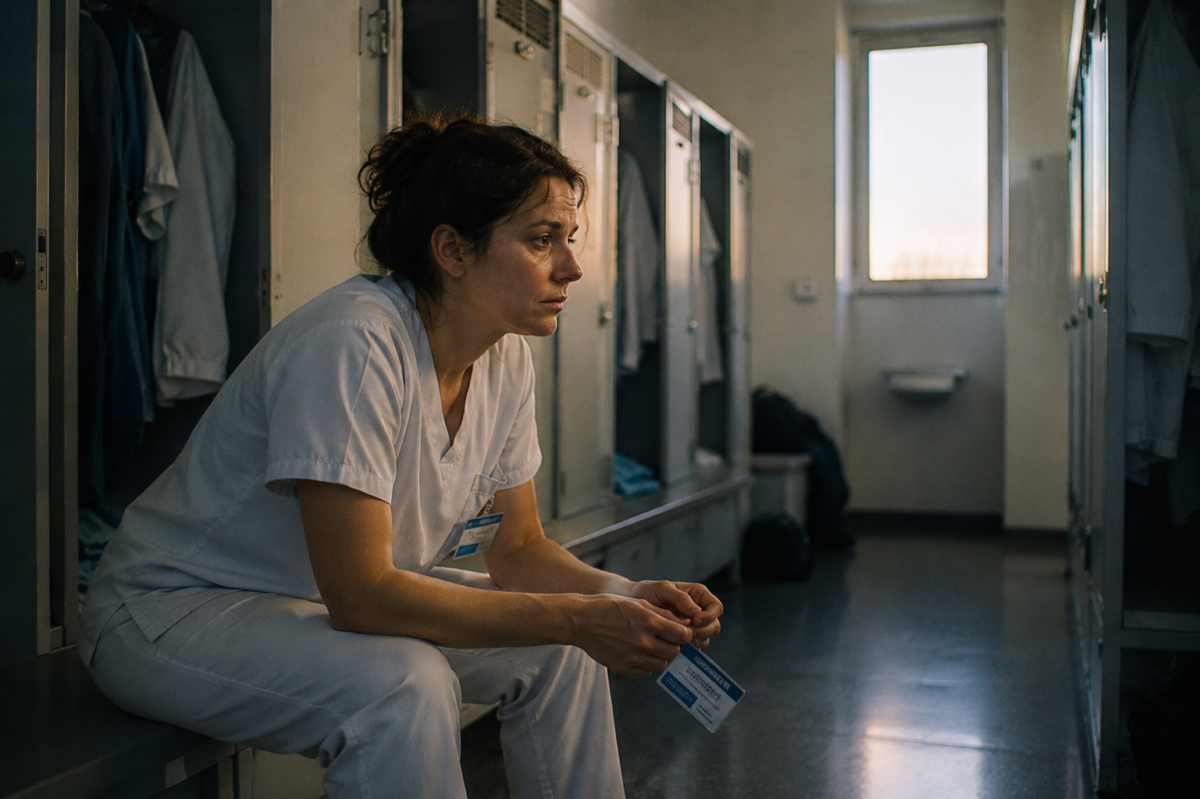 Infirmière assise seule dans un vestiaire hospitalier après son service.