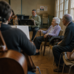 Une femme très âgée écoute des musiciens répéter tandis que ses doigts semblent spontanément suivre le rythme.
