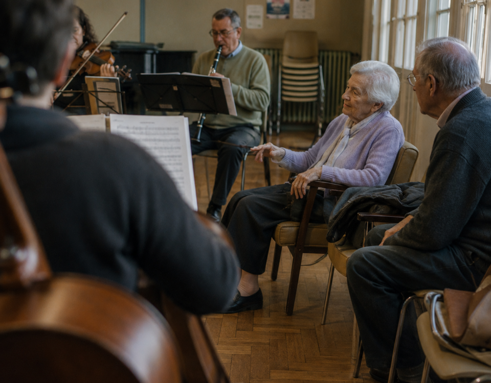 Une femme très âgée écoute des musiciens répéter tandis que ses doigts semblent spontanément suivre le rythme.