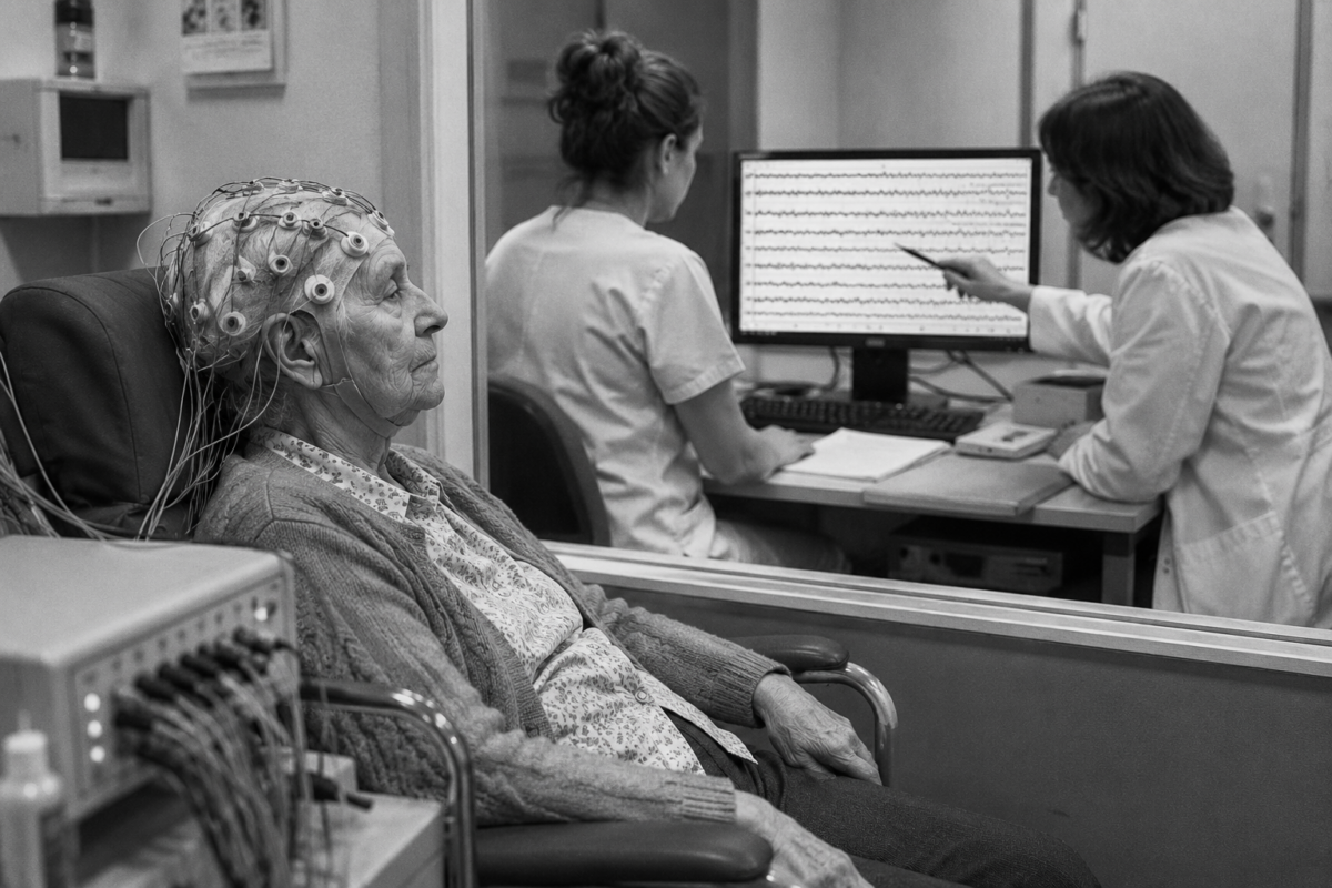 Une femme âgée équipée d’électrodes EEG participe à une évaluation neurologique tandis que deux professionnelles observent les tracés enregistrés.