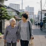 Femme japonaise âgée marchant avec une femme plus jeune dans un quartier résidentiel contemporain.