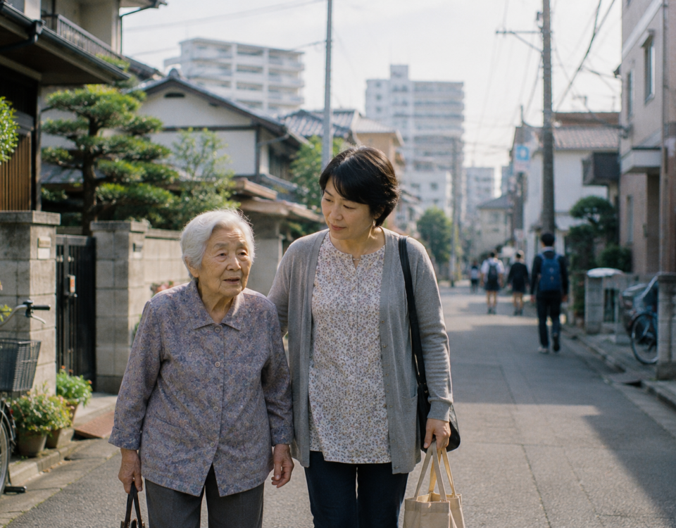 Femme japonaise âgée marchant avec une femme plus jeune dans un quartier résidentiel contemporain.