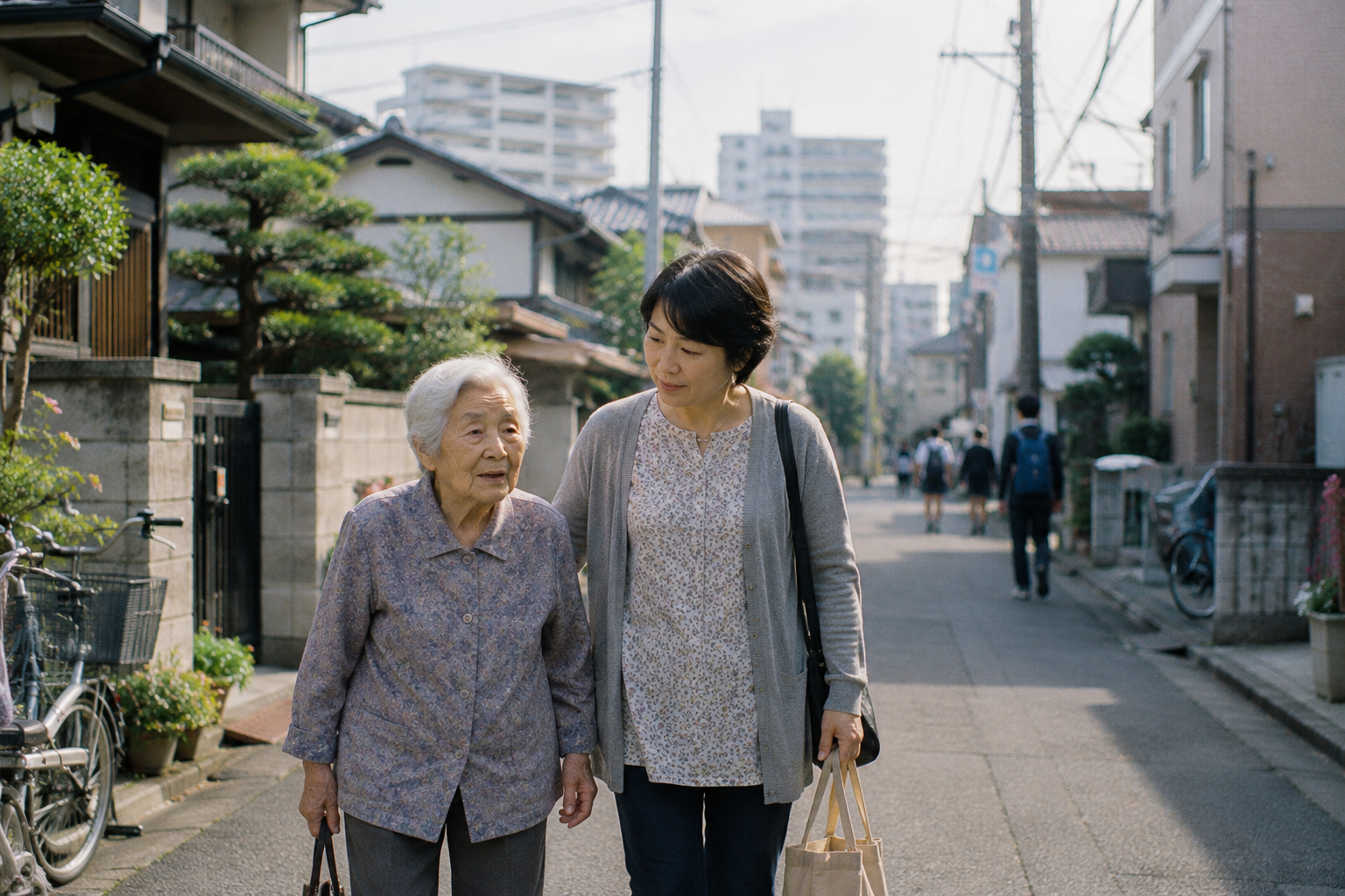 Femme japonaise âgée marchant avec une femme plus jeune dans un quartier résidentiel contemporain.