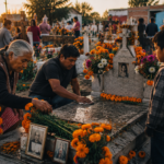 Famille réunie auprès de la tombe d’un proche pendant le Día de Muertos au Mexique.