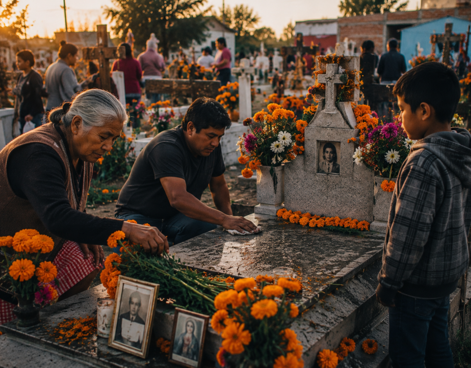 Famille réunie auprès de la tombe d’un proche pendant le Día de Muertos au Mexique.
