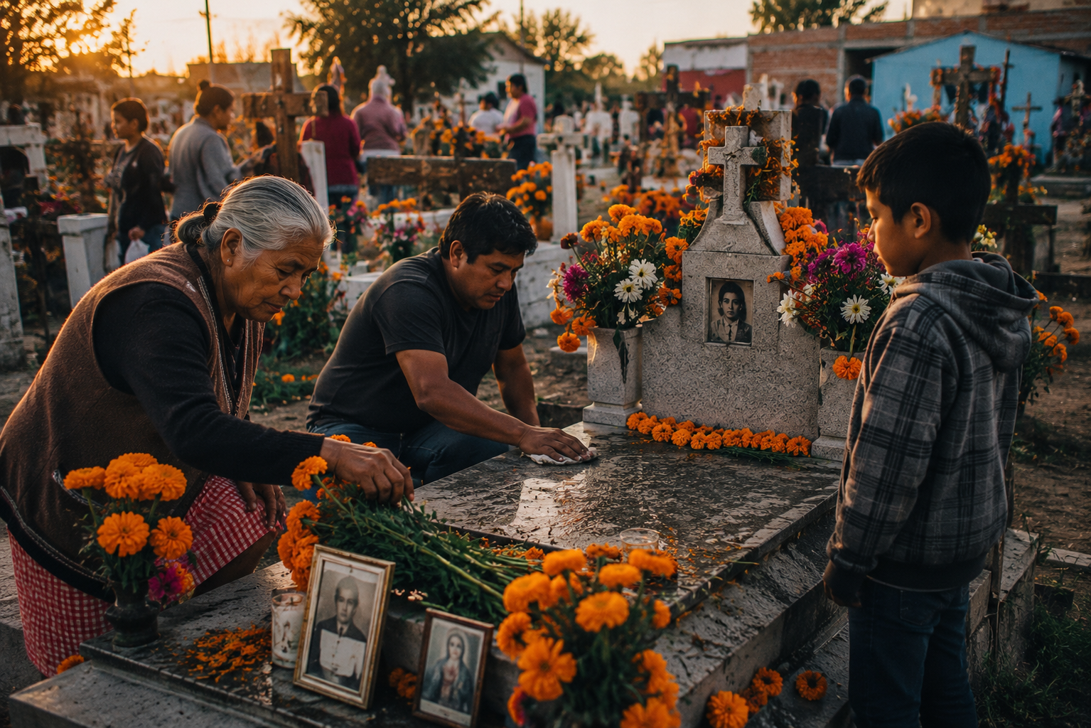 Famille réunie auprès de la tombe d’un proche pendant le Día de Muertos au Mexique.