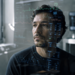 Visage d’un patient se reflétant parmi des données médicales évoquant l’évaluation de sa souffrance par l’intelligence artificielle.