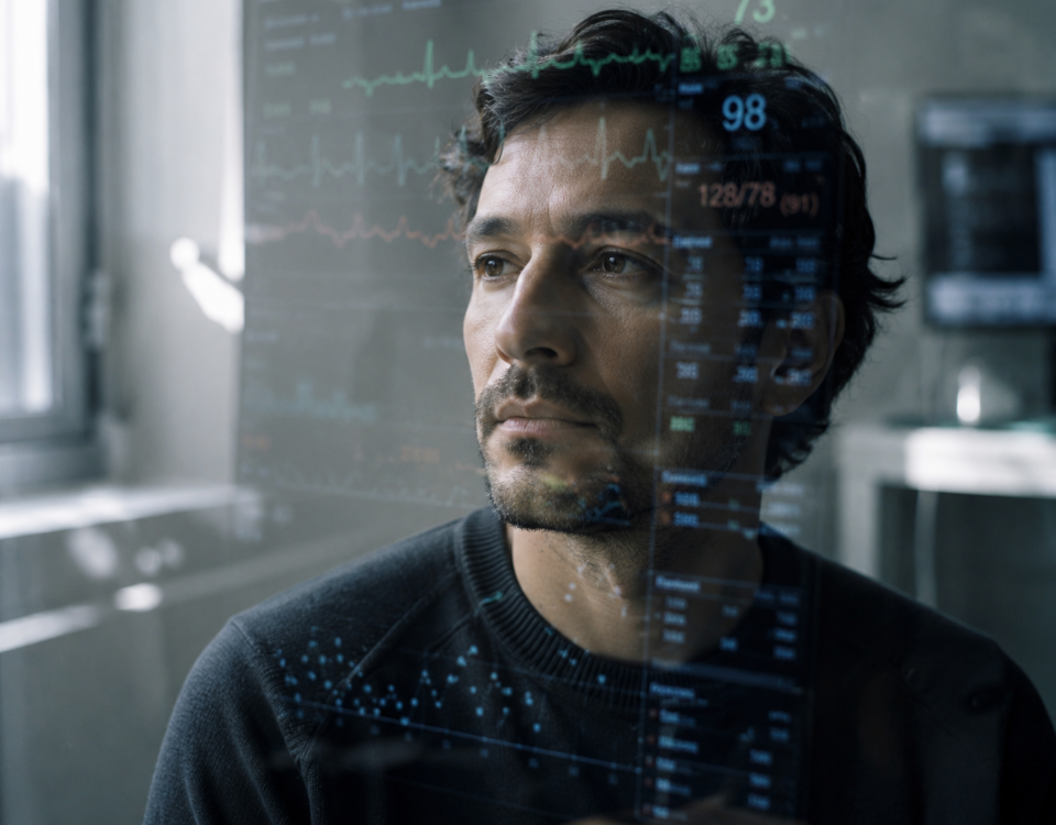 Visage d’un patient se reflétant parmi des données médicales évoquant l’évaluation de sa souffrance par l’intelligence artificielle.