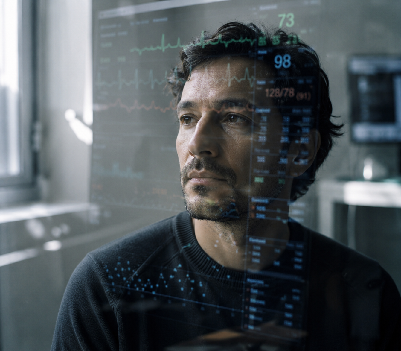 Visage d’un patient se reflétant parmi des données médicales évoquant l’évaluation de sa souffrance par l’intelligence artificielle.