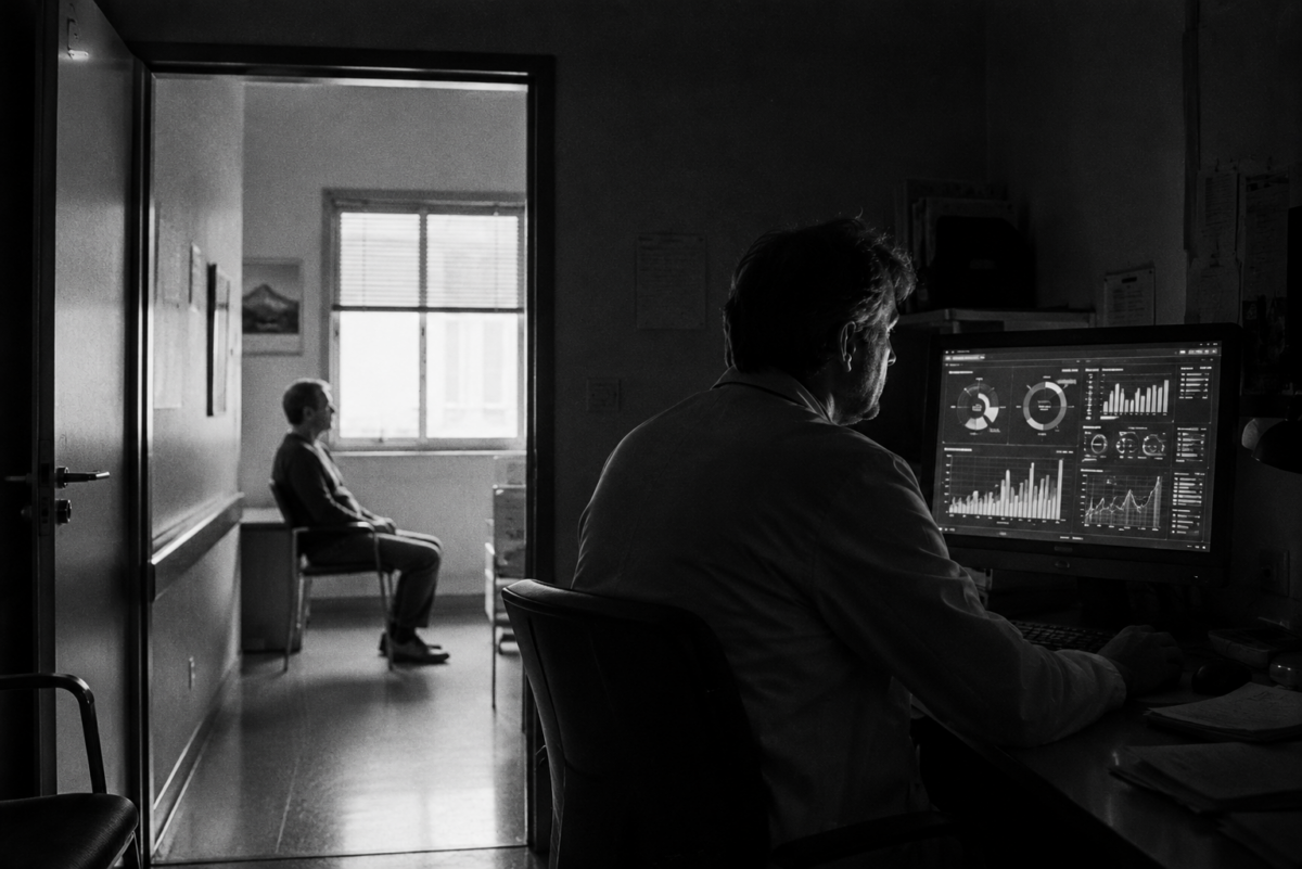 Médecin consultant des données informatiques tandis qu’un patient attend dans la pièce voisine.