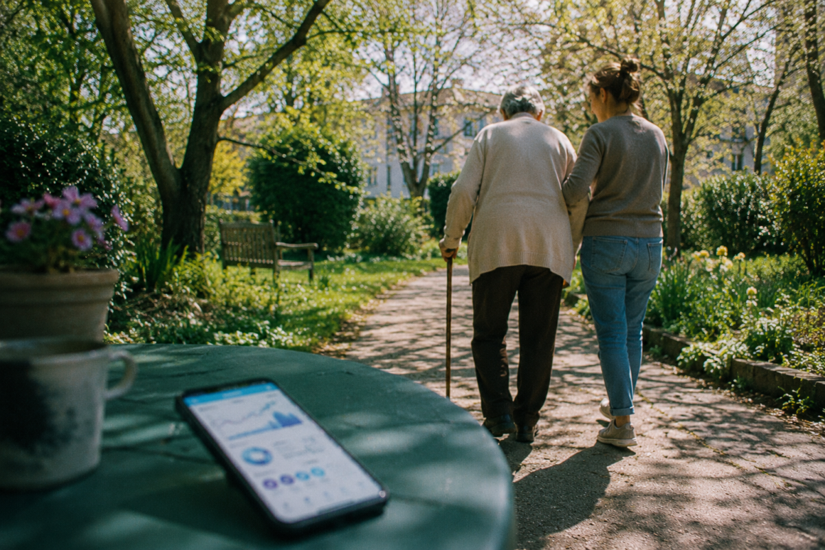 Personne malade marchant dans un jardin avec un proche tandis qu’un outil numérique de suivi reste en arrière-plan.