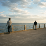 Un jeune adulte et une personne âgée regardent le même horizon depuis une digue en bord de mer.