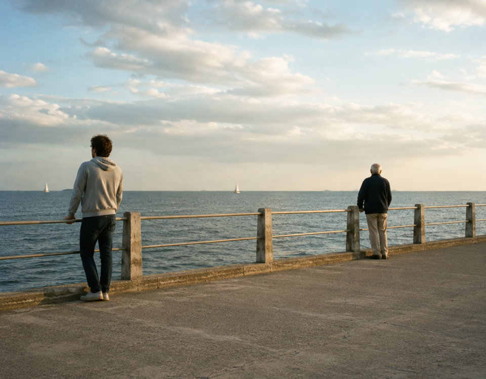 Un jeune adulte et une personne âgée regardent le même horizon depuis une digue en bord de mer.