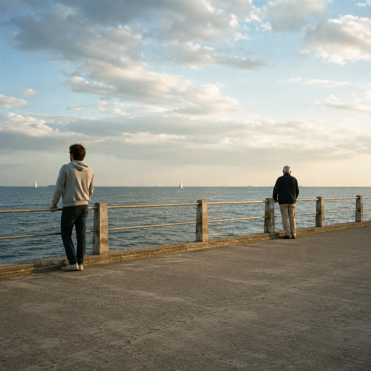 Un jeune adulte et une personne âgée regardent le même horizon depuis une digue en bord de mer.