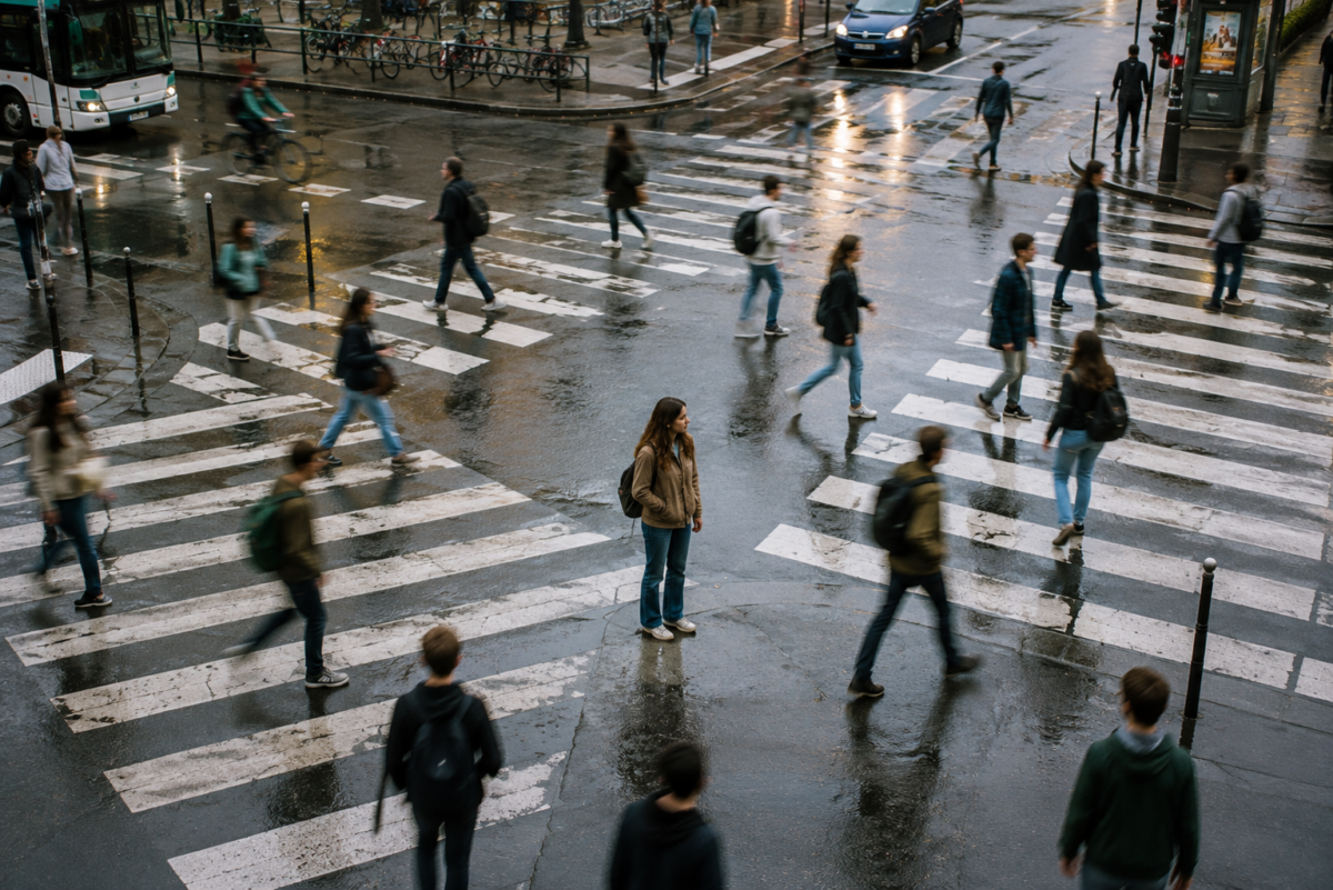Jeunes adultes empruntant différentes directions à un grand carrefour urbain.