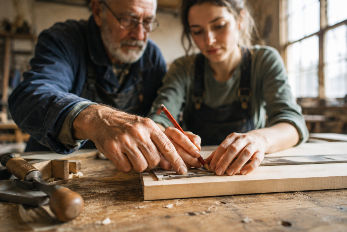 Une personne âgée transmet un savoir-faire à une jeune adulte dans un atelier de menuiserie.