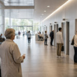 Personne âgée attendant dans le hall très ordinaire d’un établissement médico-social imaginé en 2040.