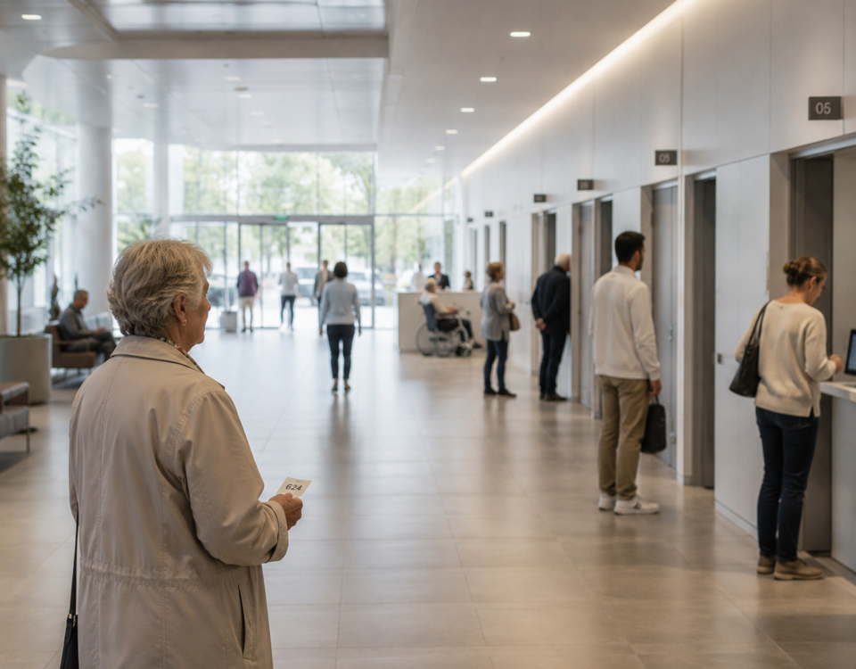 Personne âgée attendant dans le hall très ordinaire d’un établissement médico-social imaginé en 2040.
