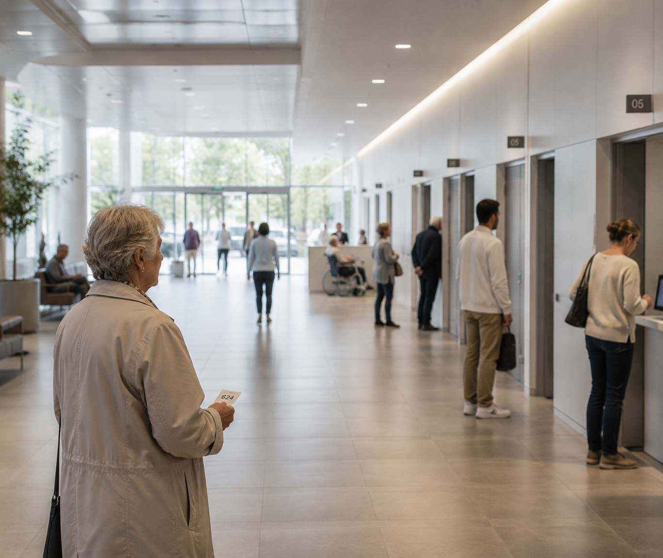 Personne âgée attendant dans le hall très ordinaire d’un établissement médico-social imaginé en 2040.