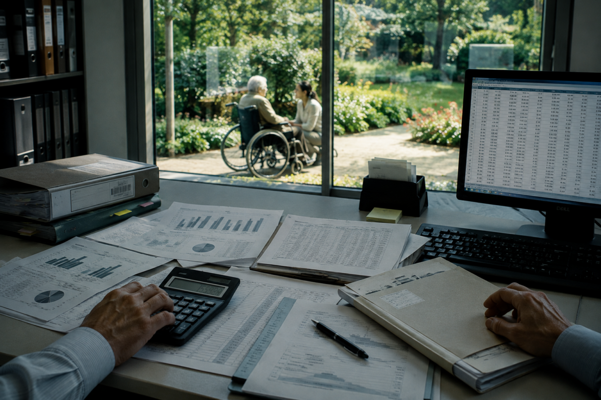 Dossiers et calculs administratifs au premier plan tandis qu’une personne âgée apparaît derrière une vitre dans un jardin.