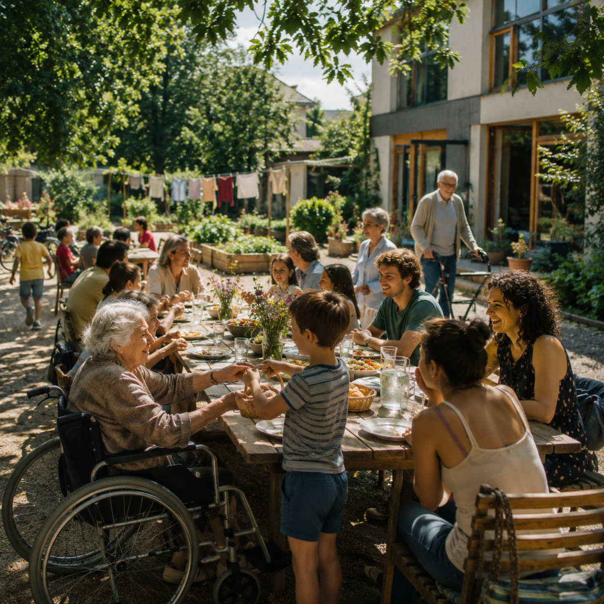 Personnes âgées, adultes et enfants partageant un repas dans un lieu de vie intergénérationnel imaginé en 2040.