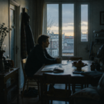 Un homme immobile à une table tandis que la lumière du matin commence à entrer dans la pièce.