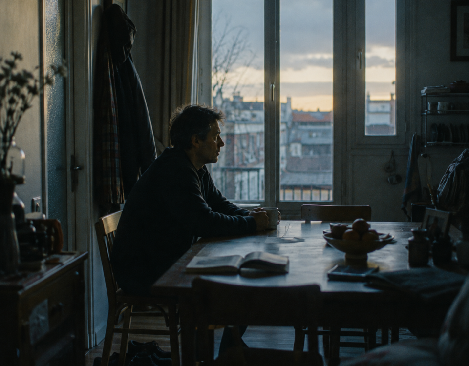 Un homme immobile à une table tandis que la lumière du matin commence à entrer dans la pièce.