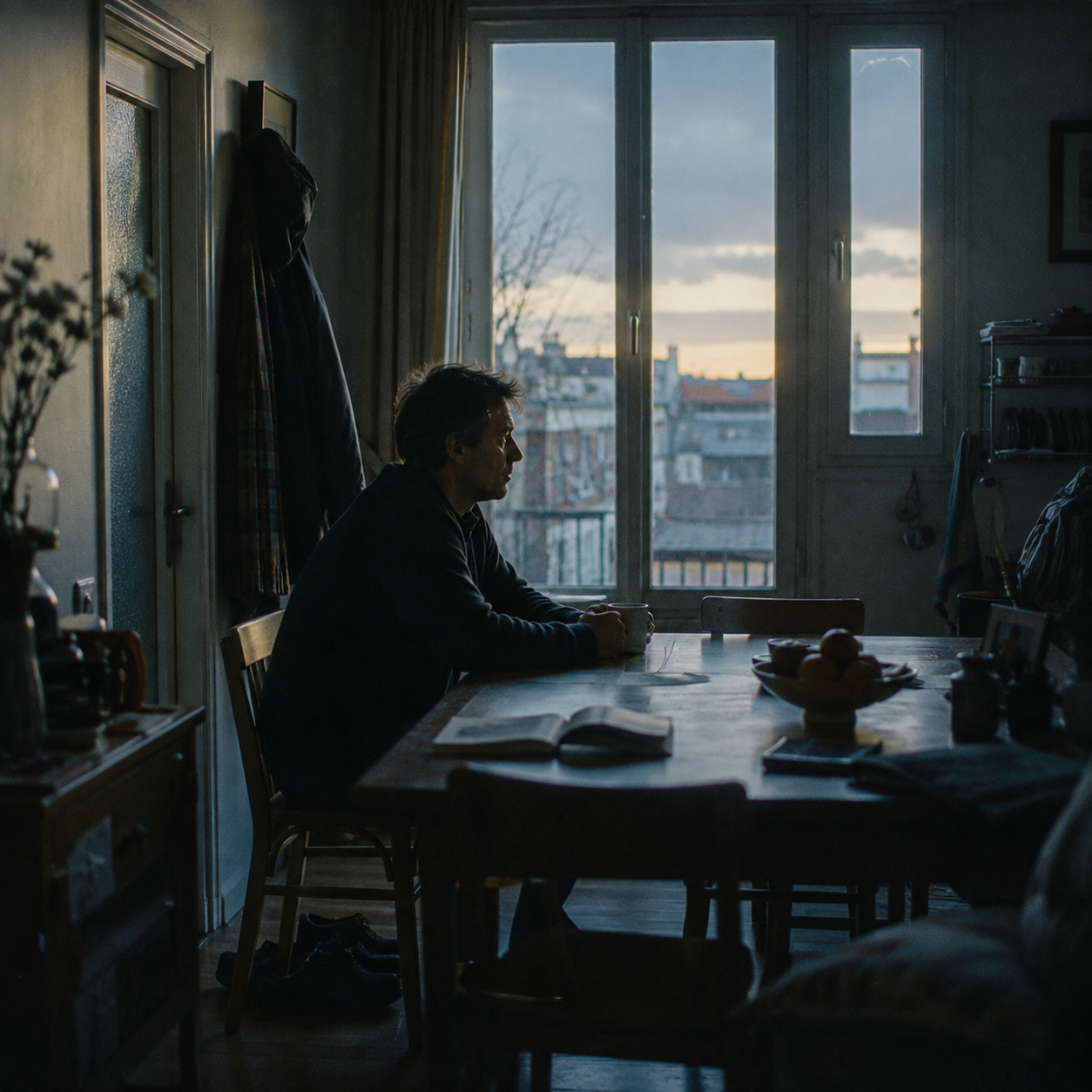 Un homme immobile à une table tandis que la lumière du matin commence à entrer dans la pièce.