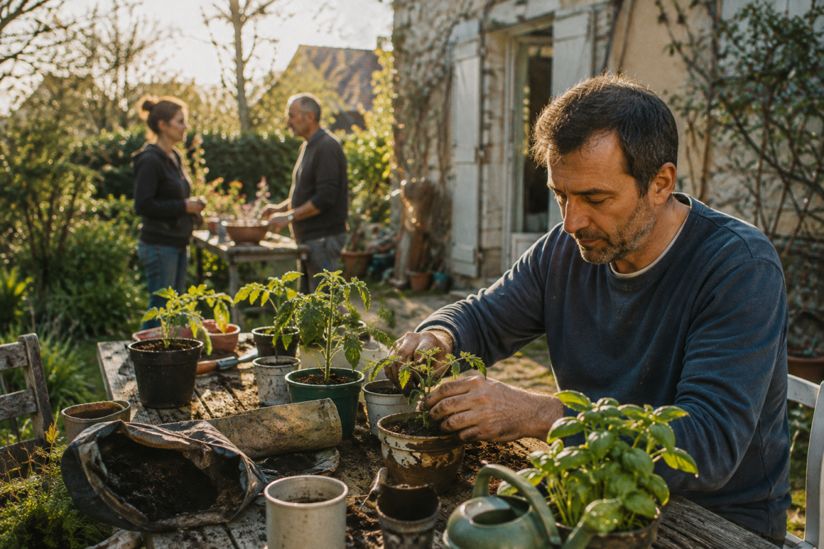 Un homme rempote de jeunes plants dans un jardin tandis que des proches sont présents à quelques mètres.