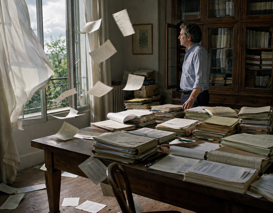 Des dossiers soigneusement organisés sont bouleversés par le vent entrant par la fenêtre d’un bureau.