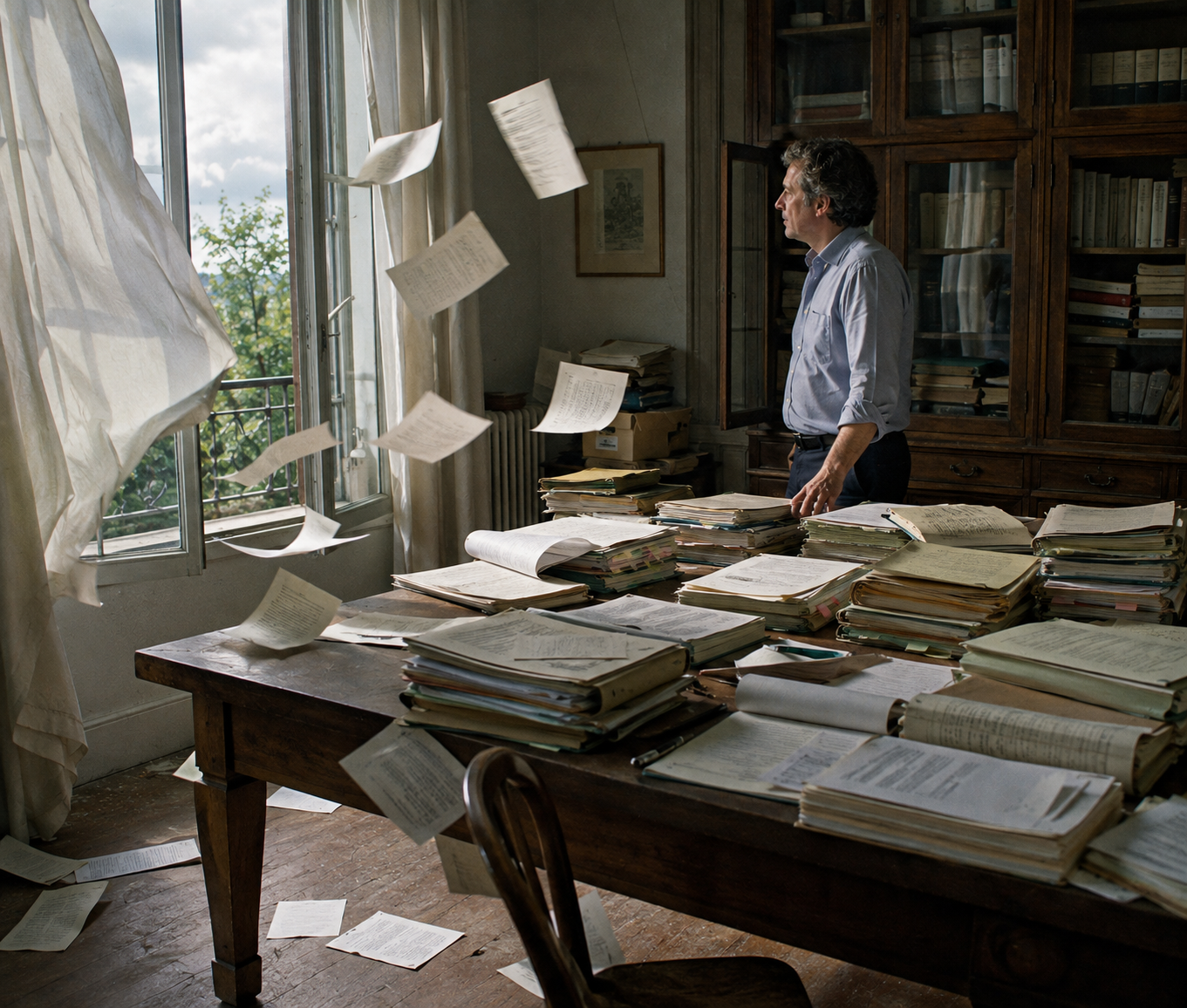 Des dossiers soigneusement organisés sont bouleversés par le vent entrant par la fenêtre d’un bureau.