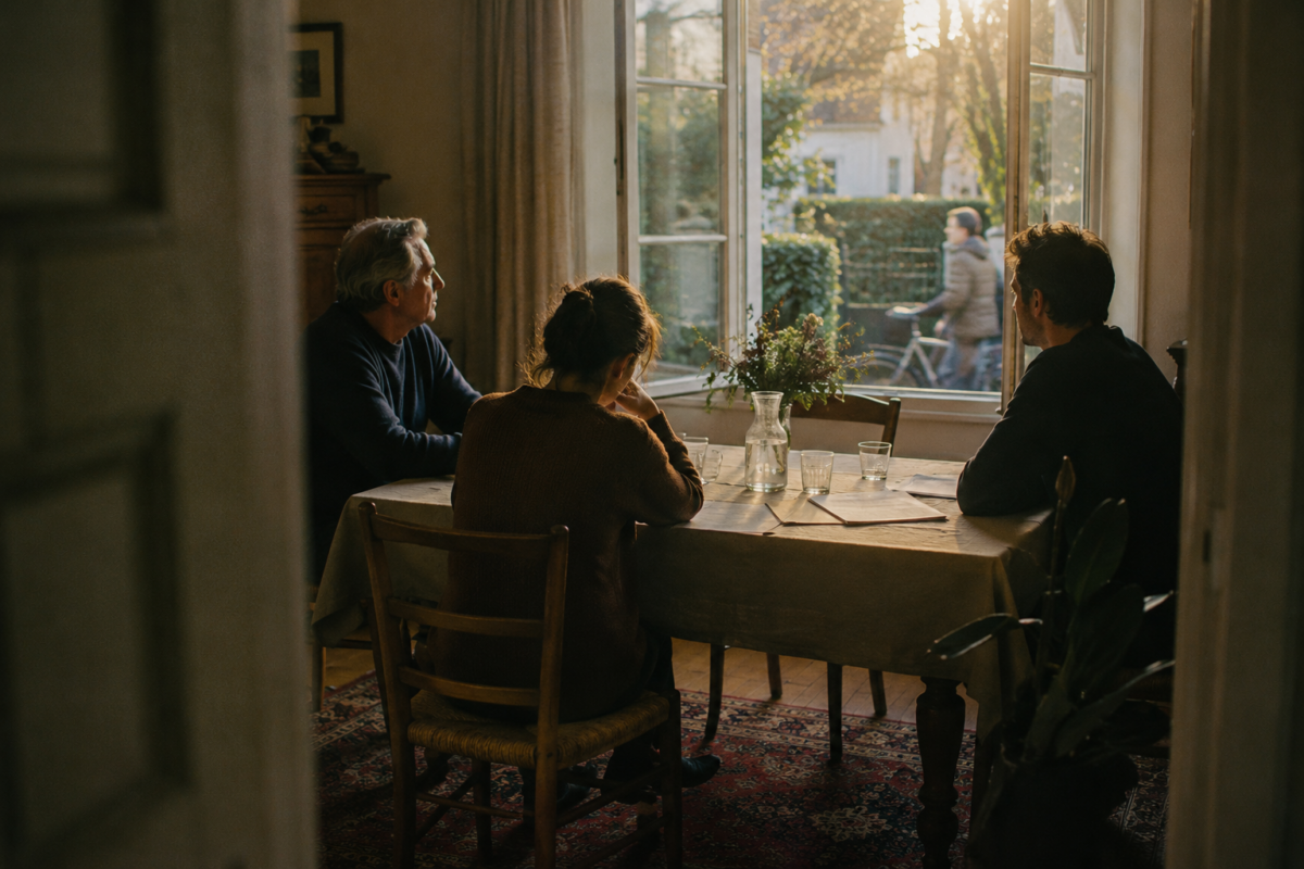 Trois membres d’une famille silencieux autour d’une table après une conversation difficile.