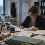 Une professionnelle remplit différents formulaires administratifs dans le bureau d’un établissement de santé.
