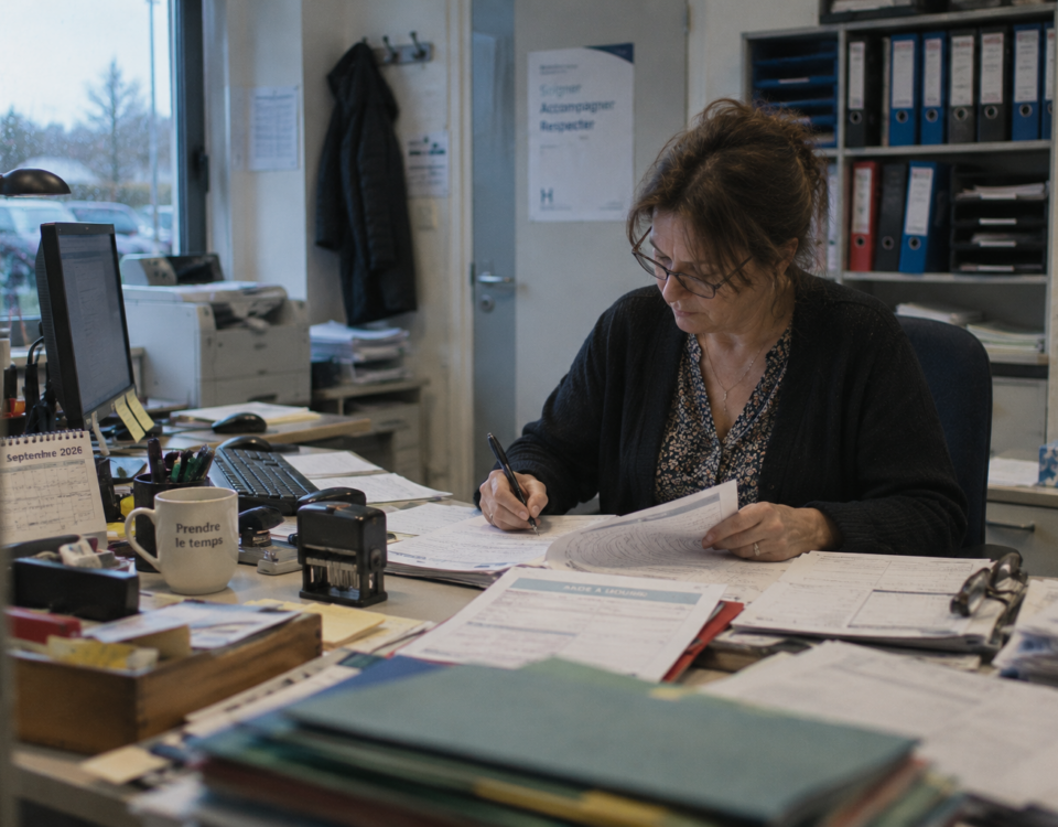 Une professionnelle remplit différents formulaires administratifs dans le bureau d’un établissement de santé.