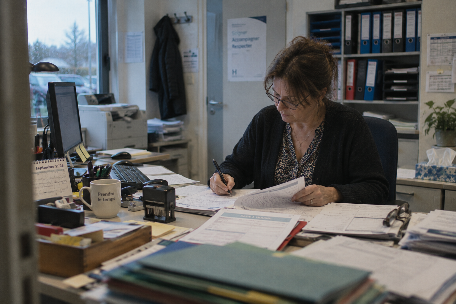 Une professionnelle remplit différents formulaires administratifs dans le bureau d’un établissement de santé.