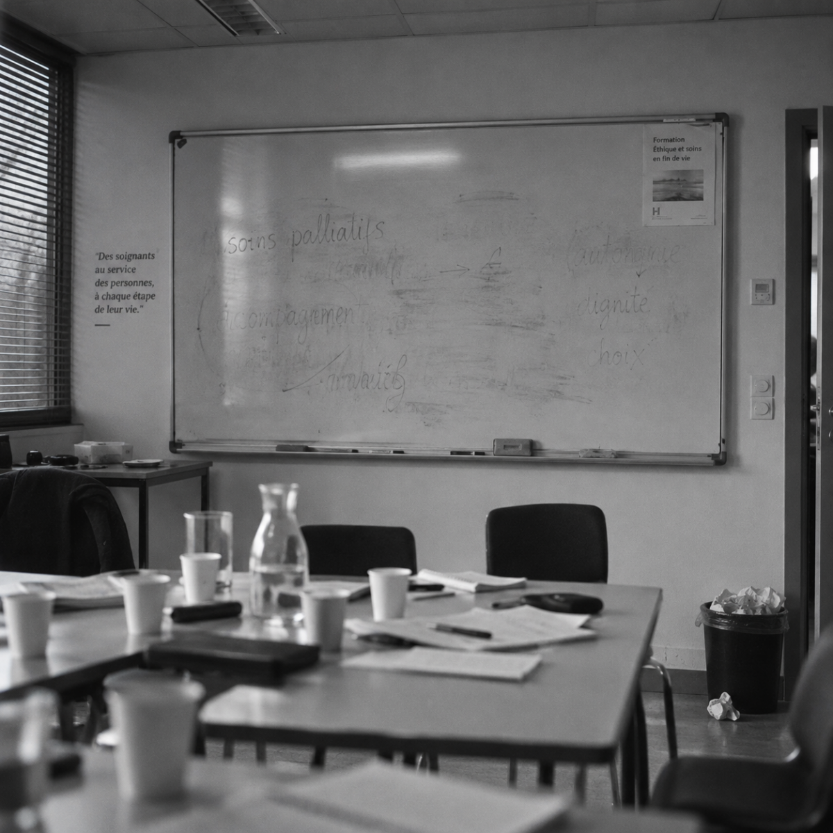 Un tableau blanc partiellement effacé reste dans une salle de formation vide après une réunion.