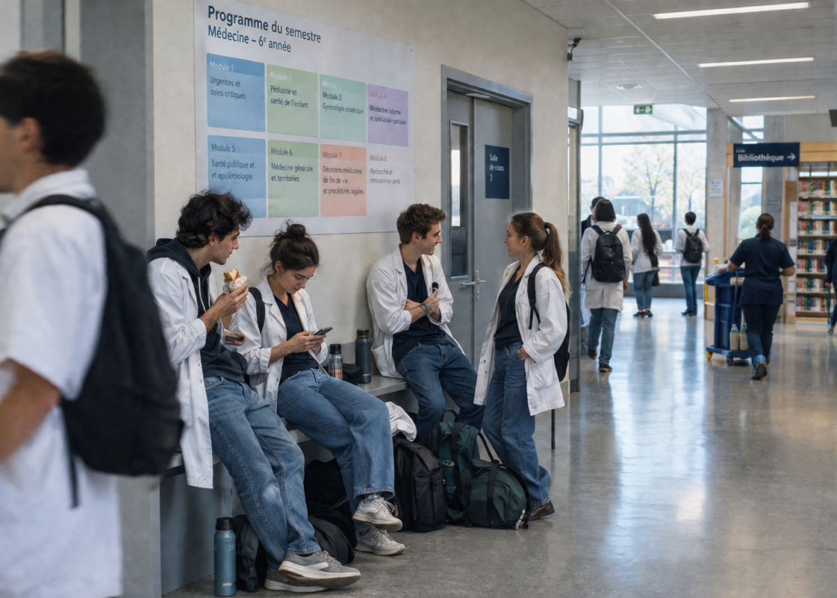 De jeunes étudiants en médecine attendent devant une salle de cours dans le couloir de leur faculté.