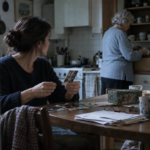 Une femme regarde sa mère en tenant une ancienne photographie familiale pendant qu’elles rangent les affaires d’un proche décédé.