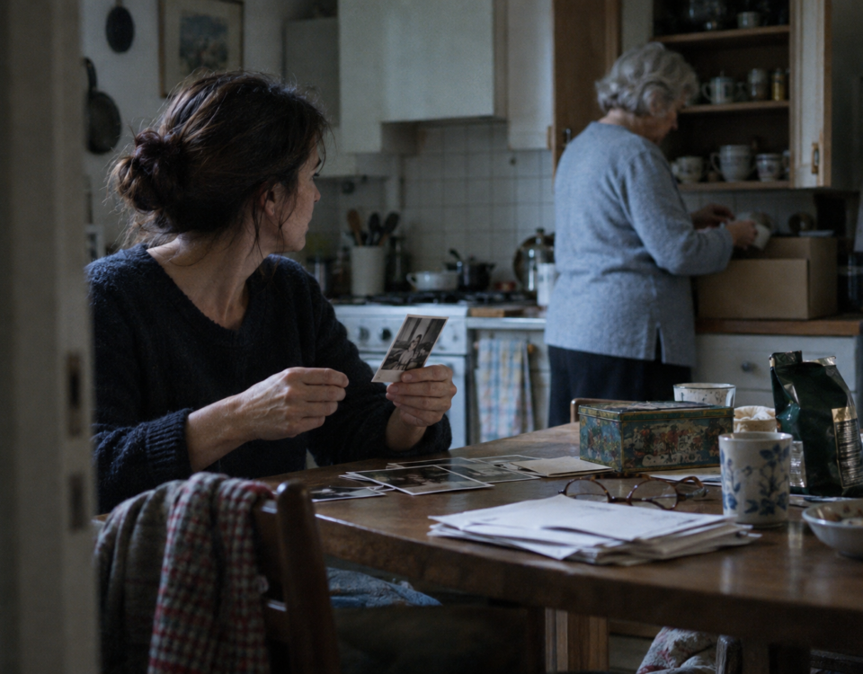 Une femme regarde sa mère en tenant une ancienne photographie familiale pendant qu’elles rangent les affaires d’un proche décédé.